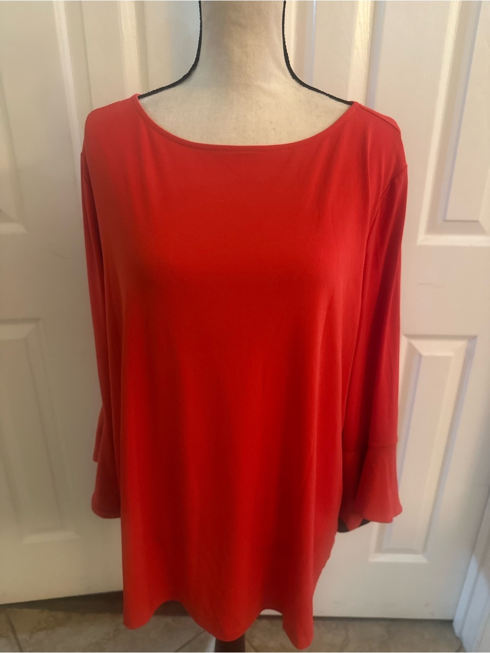 Susan Graver Bright Red Boatneck Long Sleeve Top with Red & Black Ruffle
